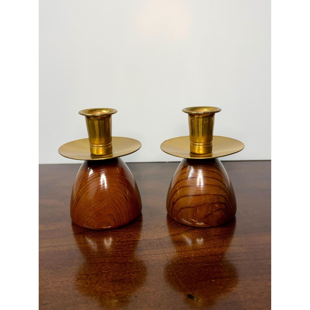 Vintage California Redwood Brass Candlesticks Pair Mid Century Wood